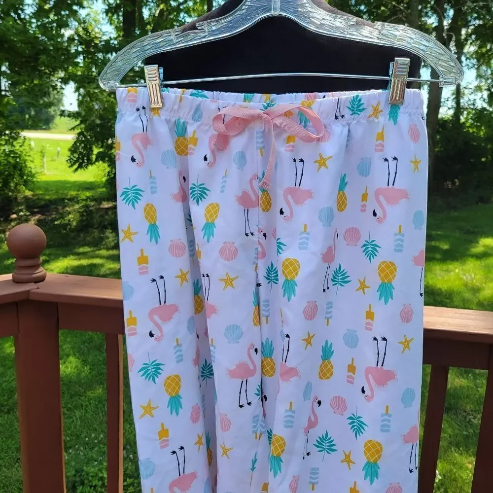 Bobbie Brooks Women's Sleep Pants White & Pink Flamingo's sz Med